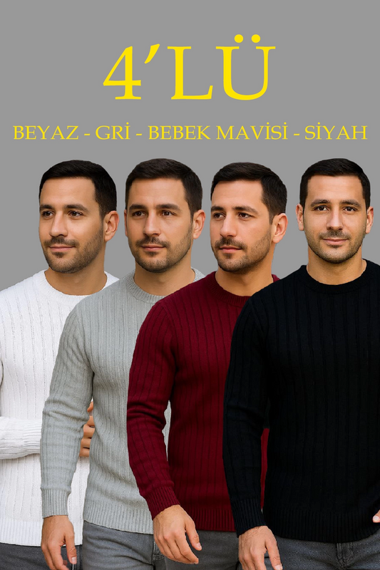 Fitilli Triko Kazak 4 lü Set - Beyaz, Bordo, Gri, Siyah | Kalın Dokuma Pamuklu Regular Fit Bisiklet Yaka Uzun Kollu Kışlık ve Baharlık Rahat Triko Kombini