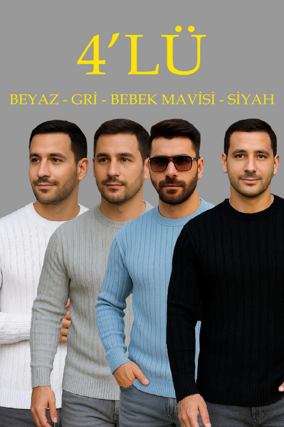 Fitilli Triko Kazak 4 lü Set - Beyaz, Bebek Mavisi, Gri, Siyah | Kalın Dokuma Pamuklu Regular Fit Bisiklet Yaka Uzun Kollu Kışlık ve Baharlık Rahat Triko Kombini