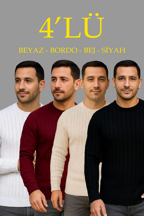 Fitilli Triko Kazak 4 lü Set - Beyaz, Bordo, Gri, Siyah | Kalın Dokuma Pamuklu Regular Fit Bisiklet Yaka Uzun Kollu Kışlık ve Baharlık Rahat Triko Kombini