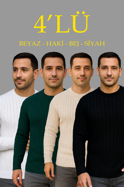 Fitilli Triko Kazak 4 lü Set - Beyaz, haki, bej, Siyah | Kalın Dokuma Pamuklu Regular Fit Bisiklet Yaka Uzun Kollu Kışlık ve Baharlık Rahat Triko Kombini