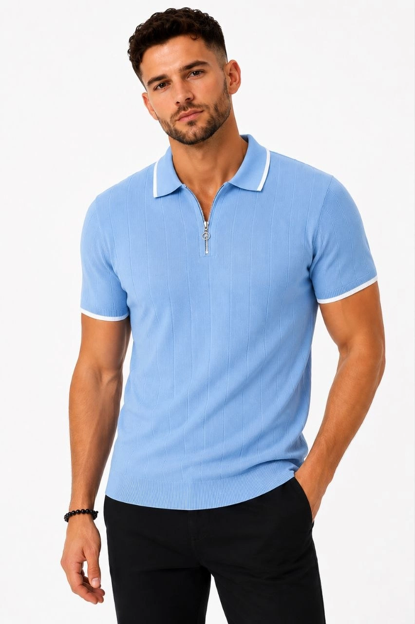 Erkek Fitilli Triko T-shirt Polo Yaka Yarım Fermuarlı Kısa Kollu Tişört - Açık Mavi