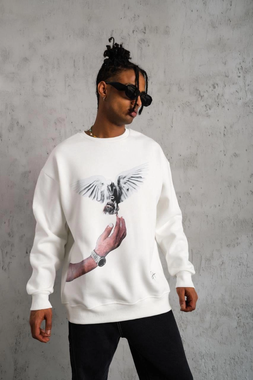 Güvercin Baskılı Sweatshirt - Beyaz -