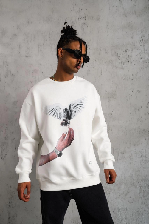 Güvercin Baskılı Sweatshirt - Beyaz -