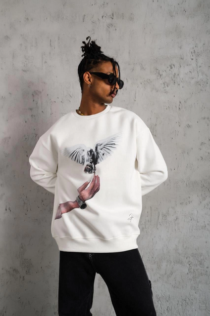 Güvercin Baskılı Sweatshirt - Beyaz -