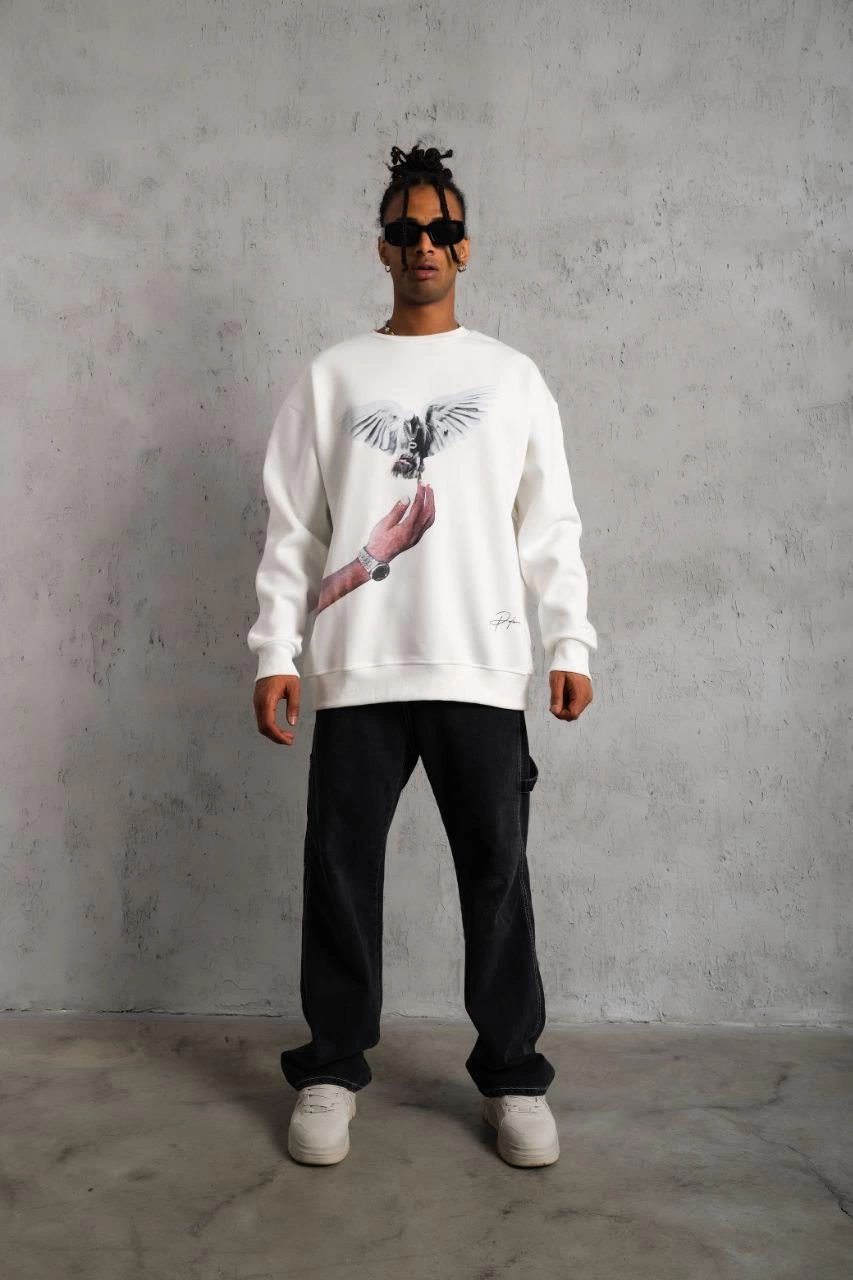 Güvercin Baskılı Sweatshirt - Beyaz -