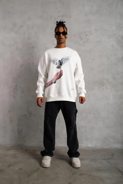 Güvercin Baskılı Sweatshirt - Beyaz -