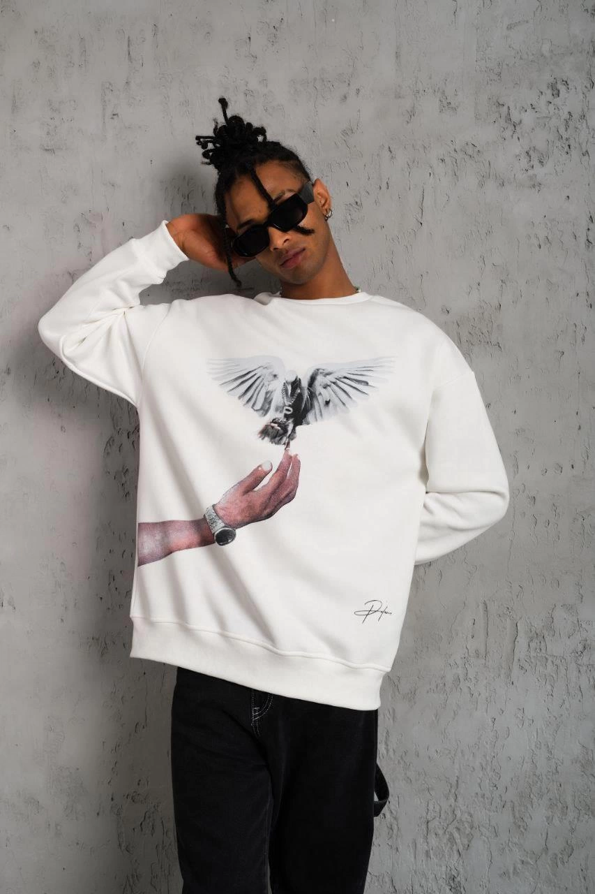 Güvercin Baskılı Sweatshirt - Beyaz -
