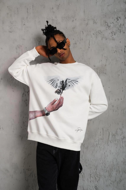 Güvercin Baskılı Sweatshirt - Beyaz -
