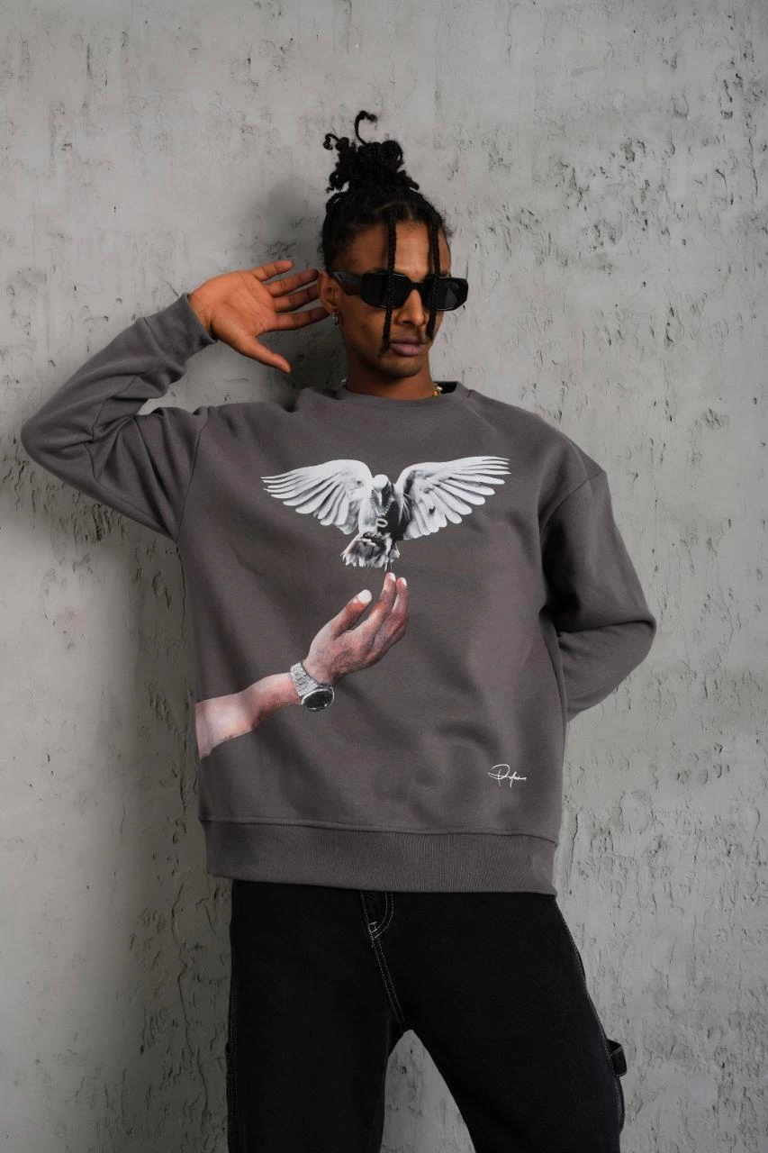 Güvercin Baskılı Sweatshirt - Gri