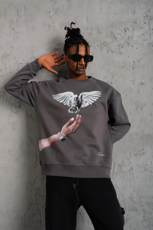 Güvercin Baskılı Sweatshirt - Gri