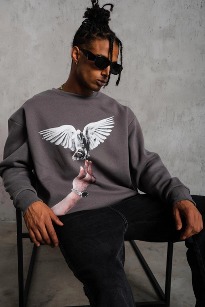 Güvercin Baskılı Sweatshirt - Gri