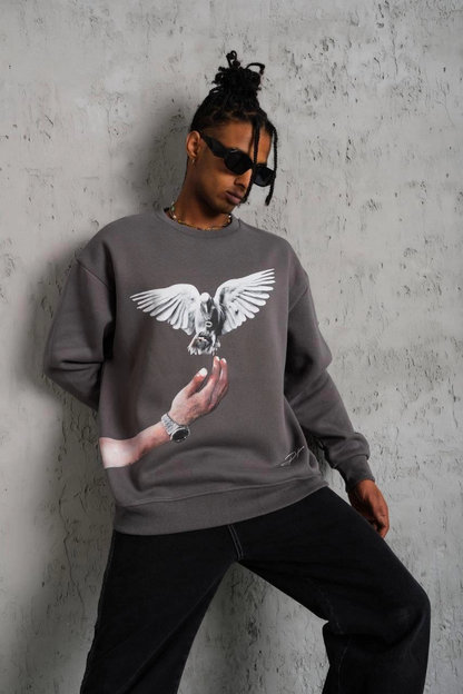Güvercin Baskılı Sweatshirt - Gri