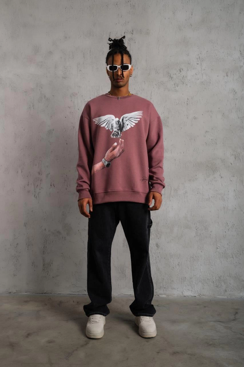 Güvercin Baskılı Sweatshirt - Gül Kurusu
