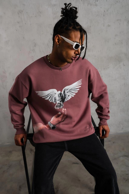Güvercin Baskılı Sweatshirt - Gül Kurusu