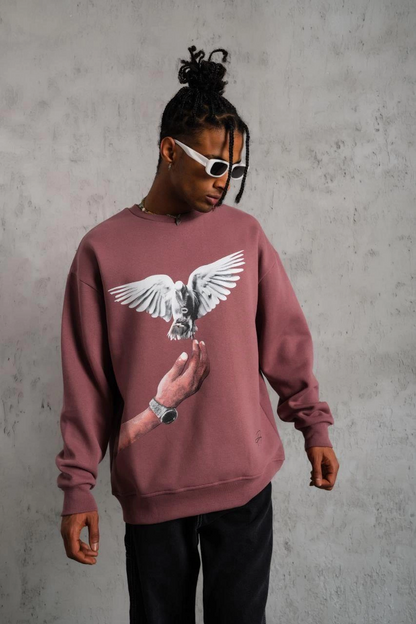 Güvercin Baskılı Sweatshirt - Gül Kurusu
