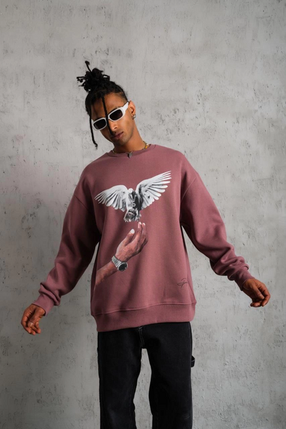 Güvercin Baskılı Sweatshirt - Gül Kurusu