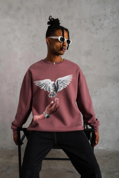 Güvercin Baskılı Sweatshirt - Gül Kurusu