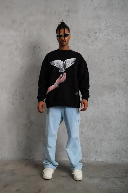 Güvercin Baskılı Sweatshirt - Siyah -