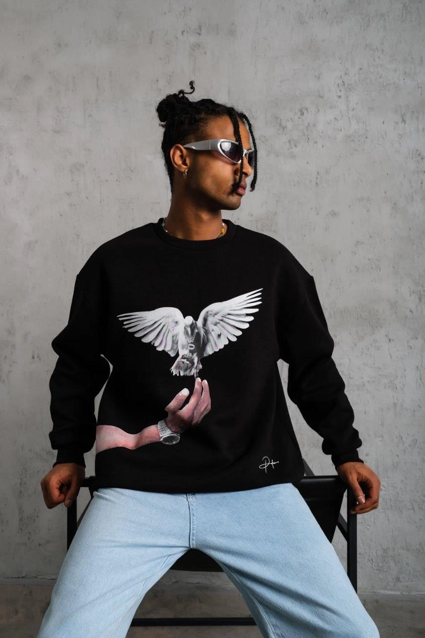 Güvercin Baskılı Sweatshirt - Siyah -
