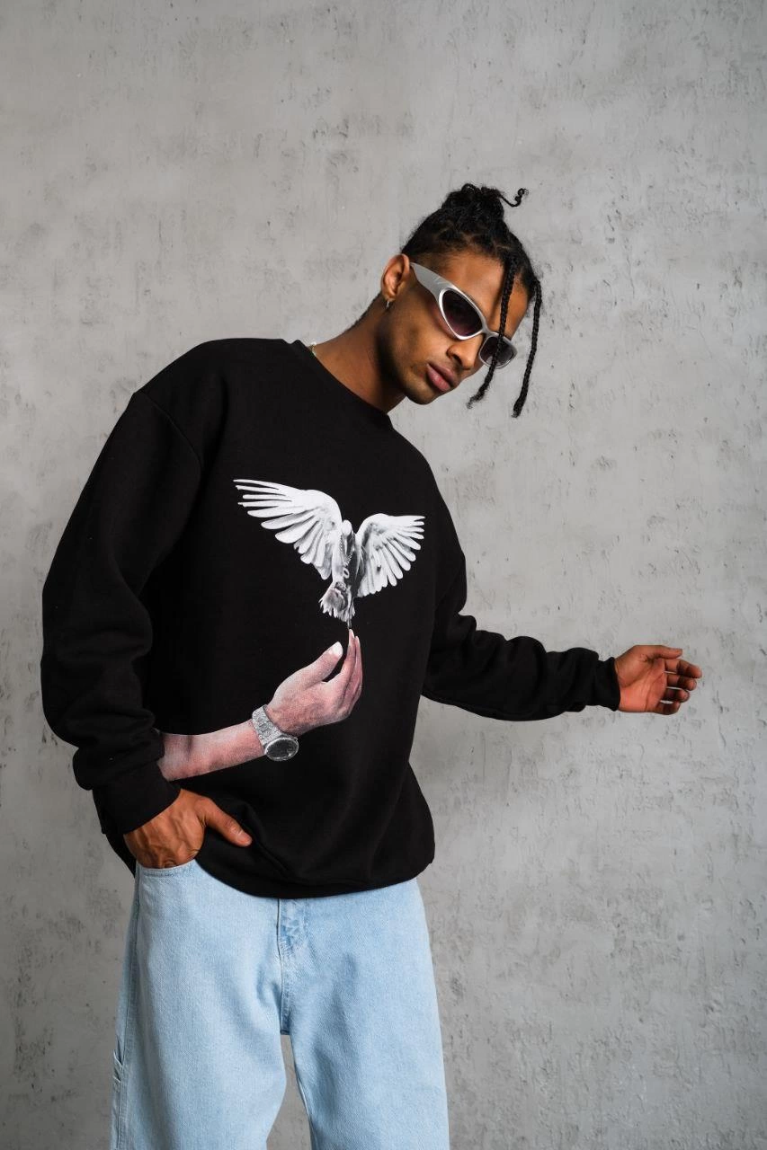 Güvercin Baskılı Sweatshirt - Siyah -