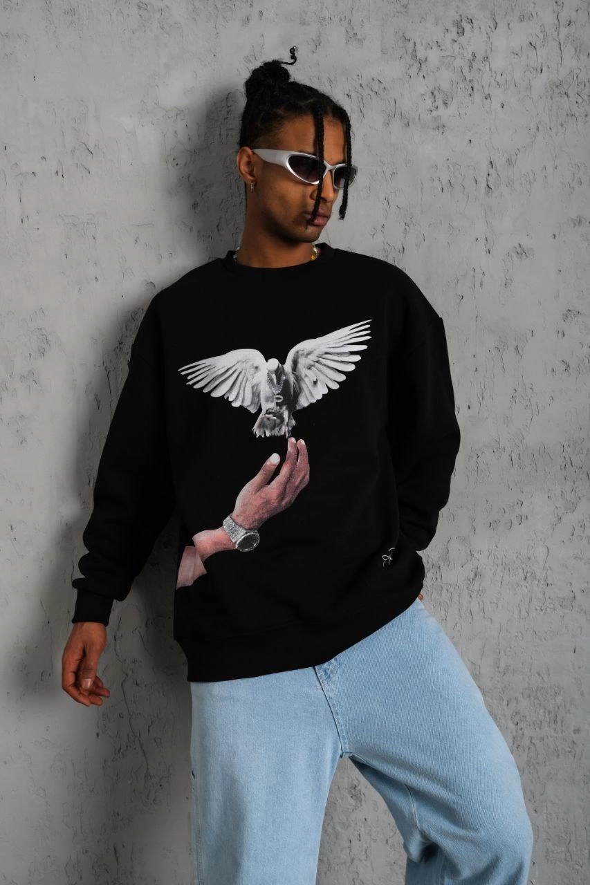 Güvercin Baskılı Sweatshirt - Siyah -