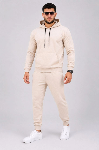 Erkek İki İplik Kapüşonlu Kanguru Cepli Sweatshirt Jogger Pantolon Alt Üst Eşofman Takımı -Bej