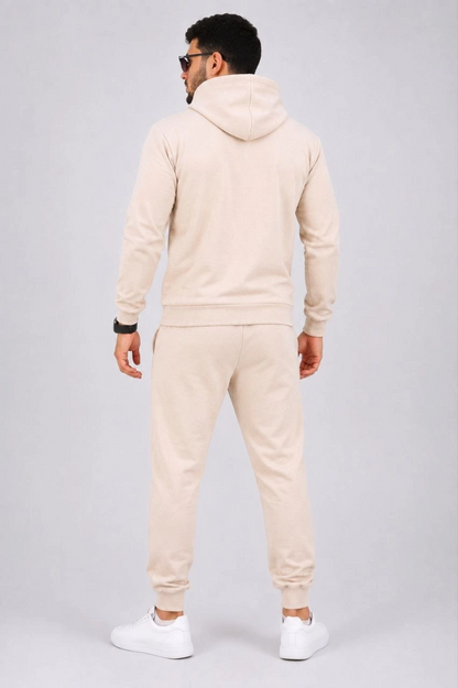 Erkek İki İplik Kapüşonlu Kanguru Cepli Sweatshirt Jogger Pantolon Alt Üst Eşofman Takımı -Bej