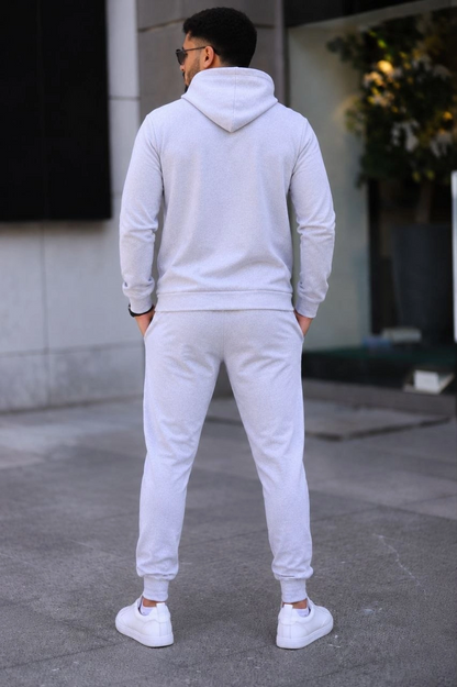 Erkek İki İplik Kapüşonlu Kanguru Cepli Sweatshirt Jogger Pantolon Alt Üst Eşofman Takımı -Beyaz