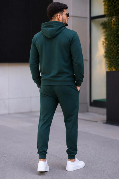Erkek İki İplik Kapüşonlu Kanguru Cepli Sweatshirt Jogger Pantolon Alt Üst Eşofman Takımı -Nefti Yeşili