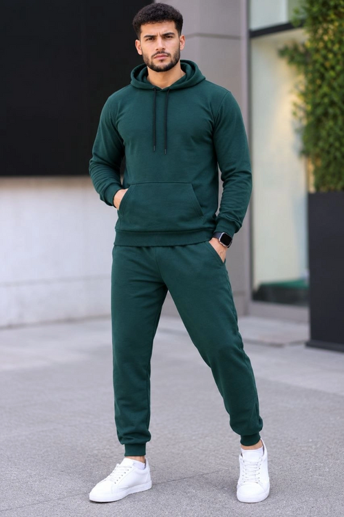Erkek İki İplik Kapüşonlu Kanguru Cepli Sweatshirt Jogger Pantolon Alt Üst Eşofman Takımı -Nefti Yeşili