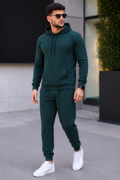 Erkek İki İplik Kapüşonlu Kanguru Cepli Sweatshirt Jogger Pantolon Alt Üst Eşofman Takımı -Nefti Yeşili