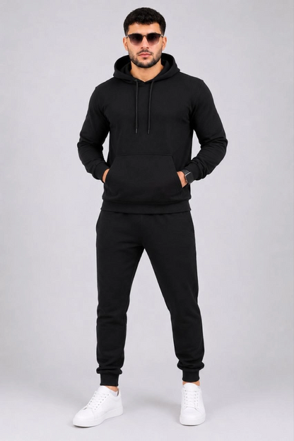 Erkek İki İplik Kapüşonlu Kanguru Cepli Sweatshirt Jogger Pantolon Alt Üst Eşofman Takımı -Siyah
