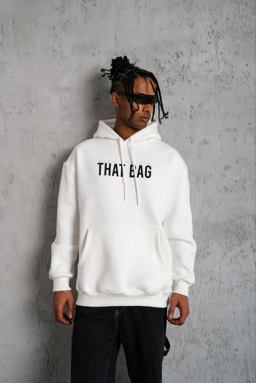 Kanguru Cep Baskılı Kapüşonlu Sweatshirt - Beyaz -
