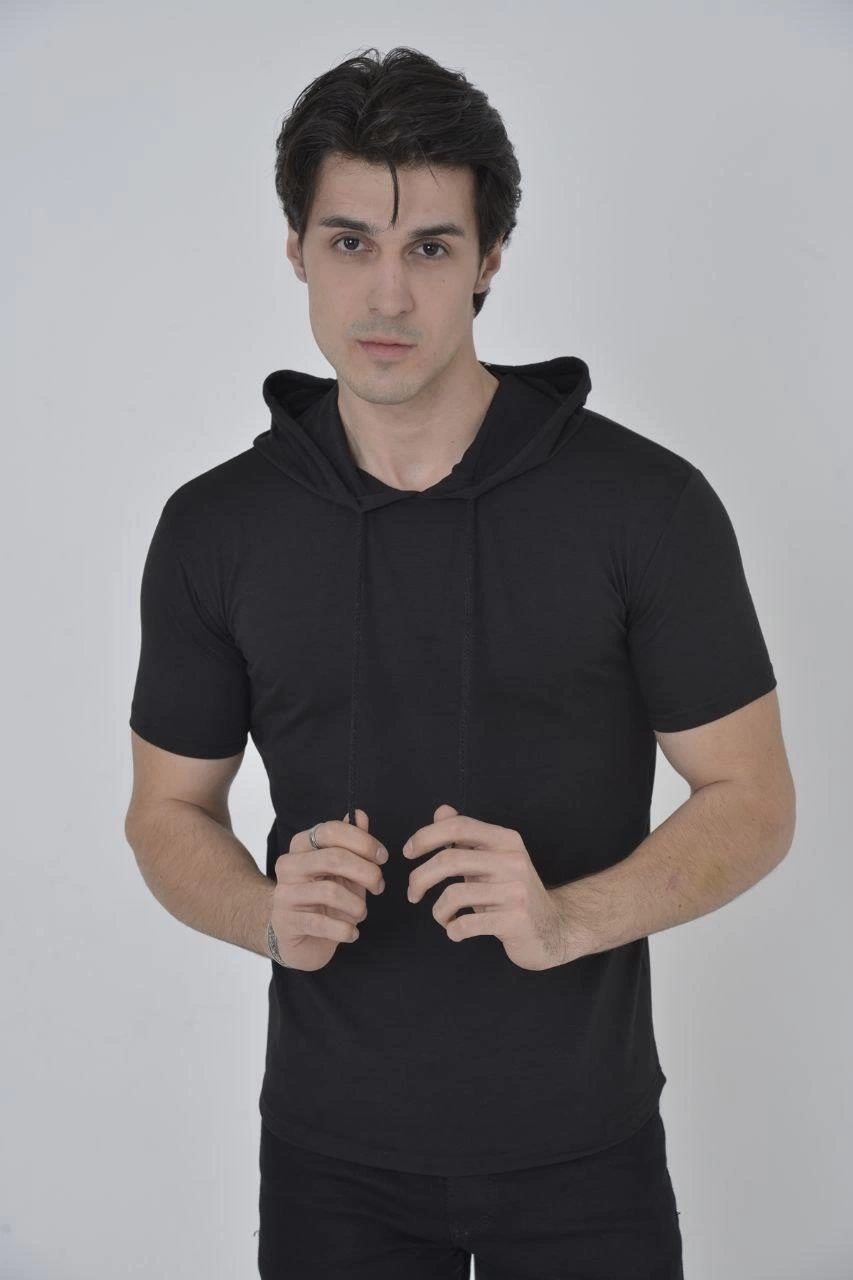 Kapşonlu Slim Fit T-shirt - Siyah -