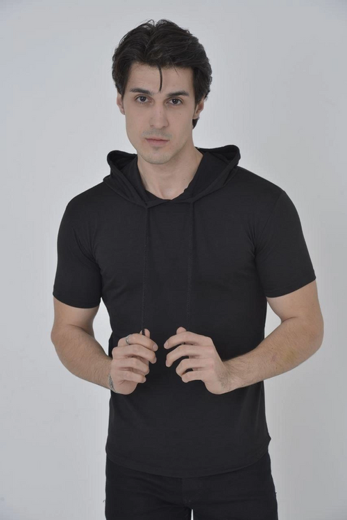 Kapşonlu Slim Fit T-shirt - Siyah -