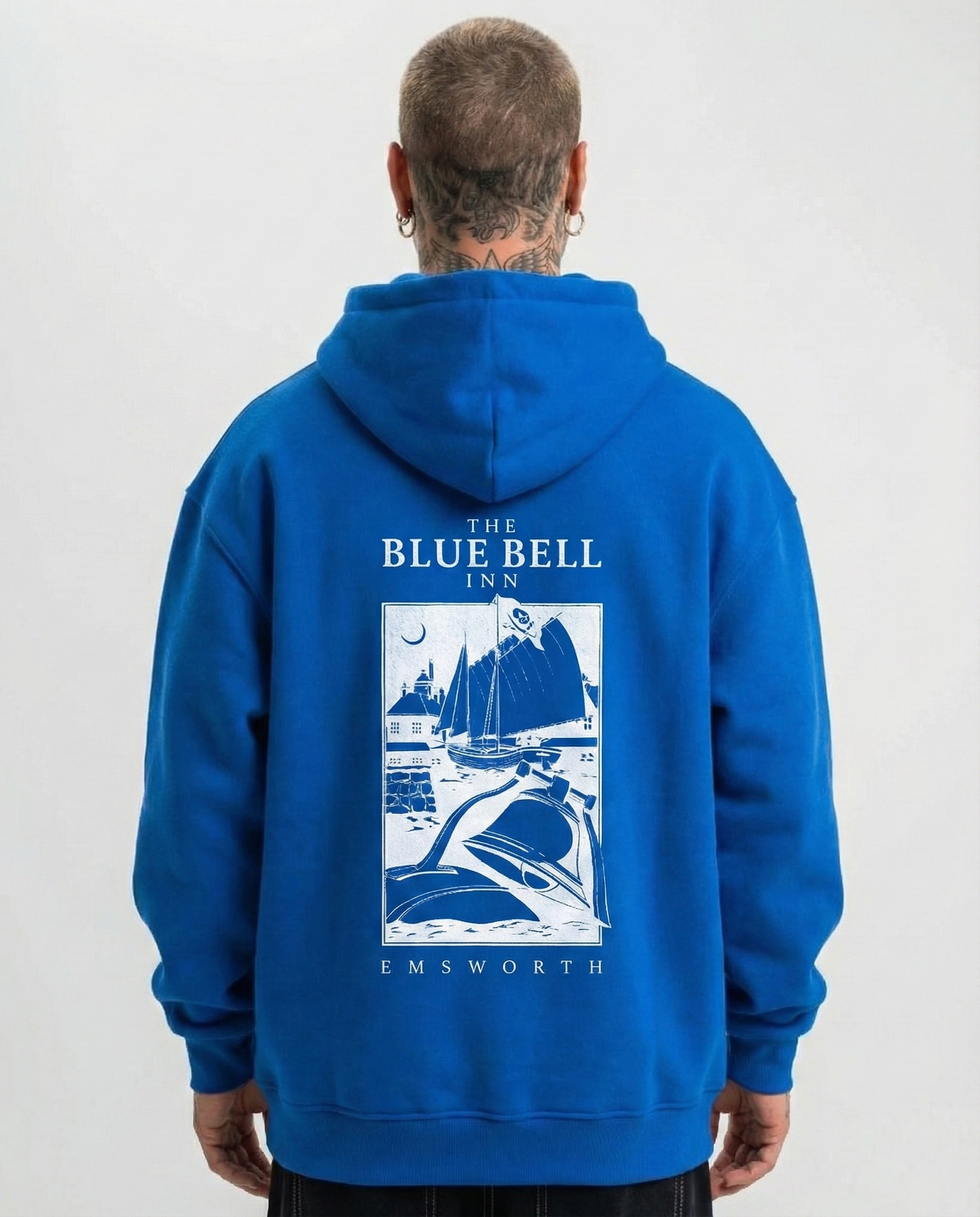 Kapüşonlu Double Oversize Hoodie - Üç İplik Pamuklu, Deniz ve Yelken Baskılı, Kanguru Cepli Premium Sweatshirt - Saks Mavi