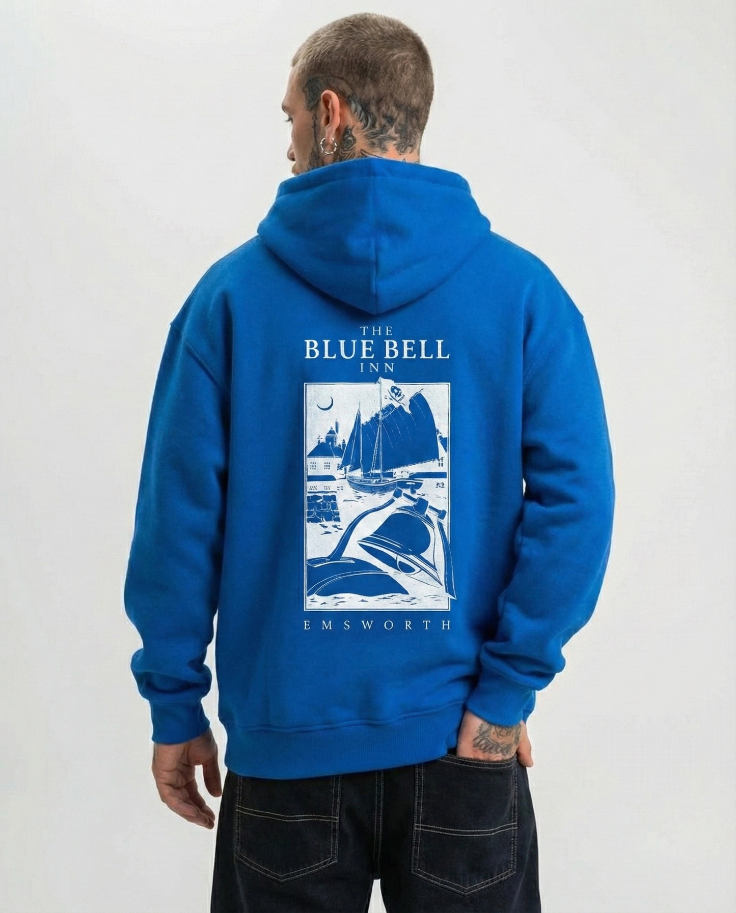Kapüşonlu Double Oversize Hoodie - Üç İplik Pamuklu, Deniz ve Yelken Baskılı, Kanguru Cepli Premium Sweatshirt - Saks Mavi