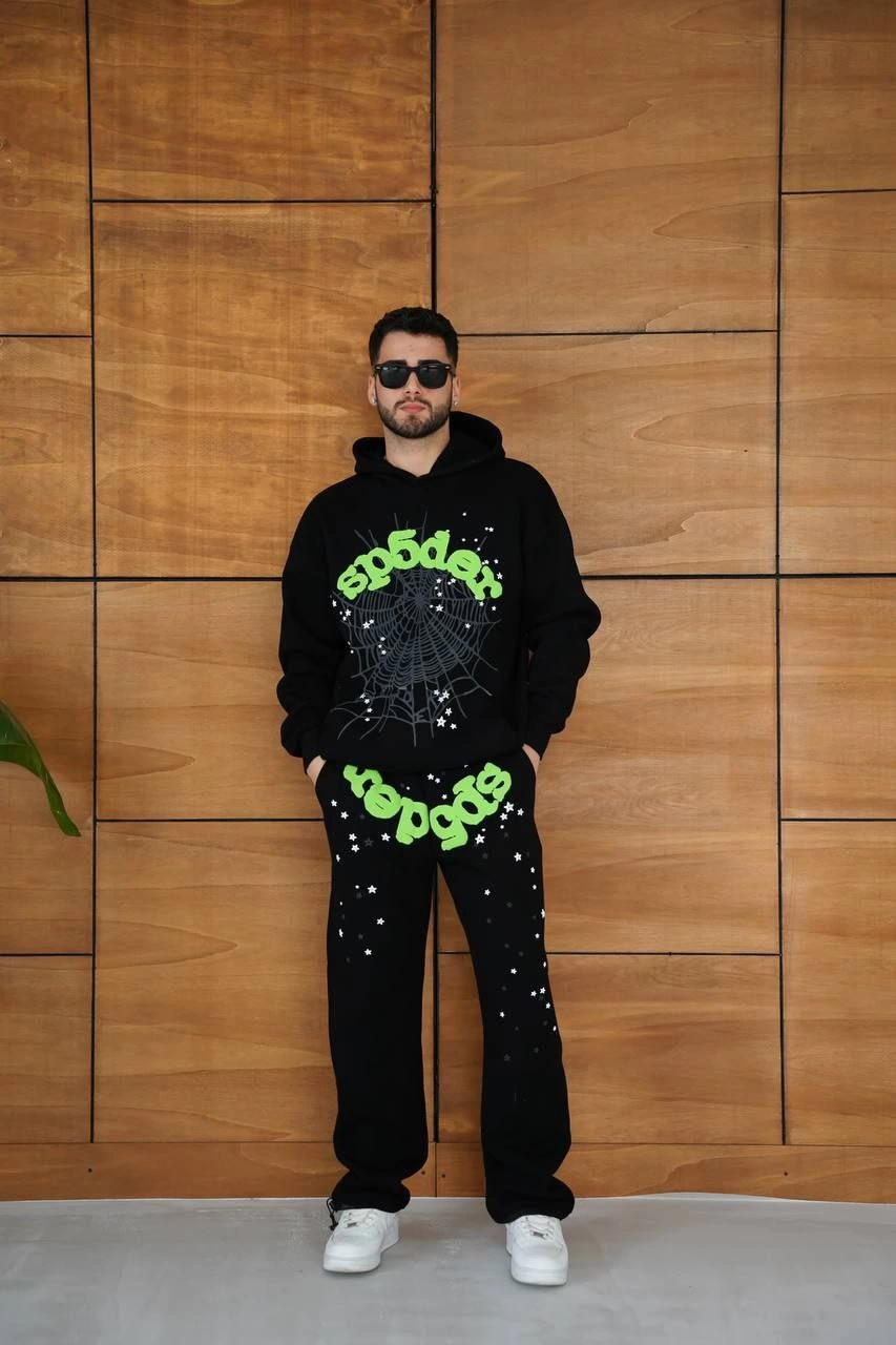 Kapüşonlu Eşofman Takım Örümcek Ağı ve Neon Yeşil Baskılı Kanguru cepli Oversize Rahat Kalıp, Premium Üç İplik Kumaş - Siyah -