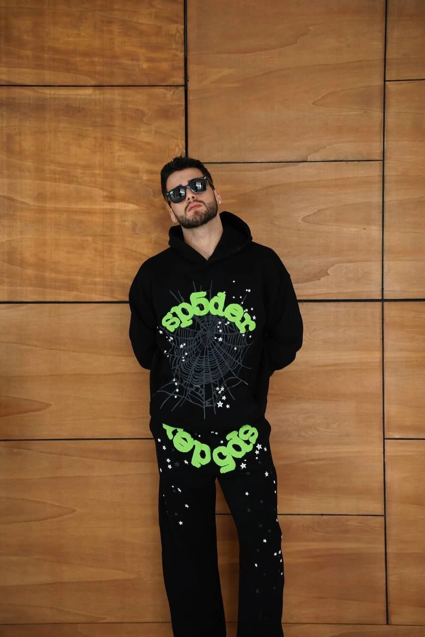 Kapüşonlu Eşofman Takım Örümcek Ağı ve Neon Yeşil Baskılı Kanguru cepli Oversize Rahat Kalıp, Premium Üç İplik Kumaş - Siyah -