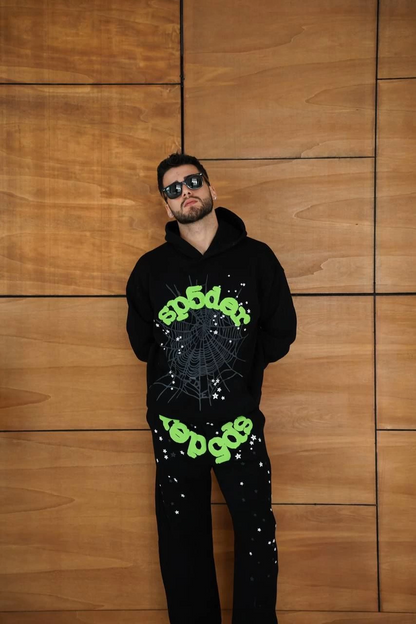 Kapüşonlu Eşofman Takım Örümcek Ağı ve Neon Yeşil Baskılı Kanguru cepli Oversize Rahat Kalıp, Premium Üç İplik Kumaş - Siyah -