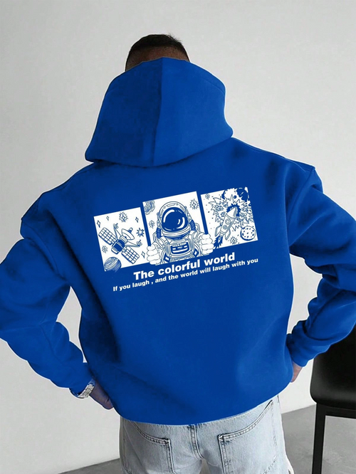 Kapüşonlu Oversize Hoodie - Üç İplik Pamuklu, Astronot Temalı Renkli Dünya Baskılı, Kanguru Cepli Premium Sweatshirt - Saks Mavi