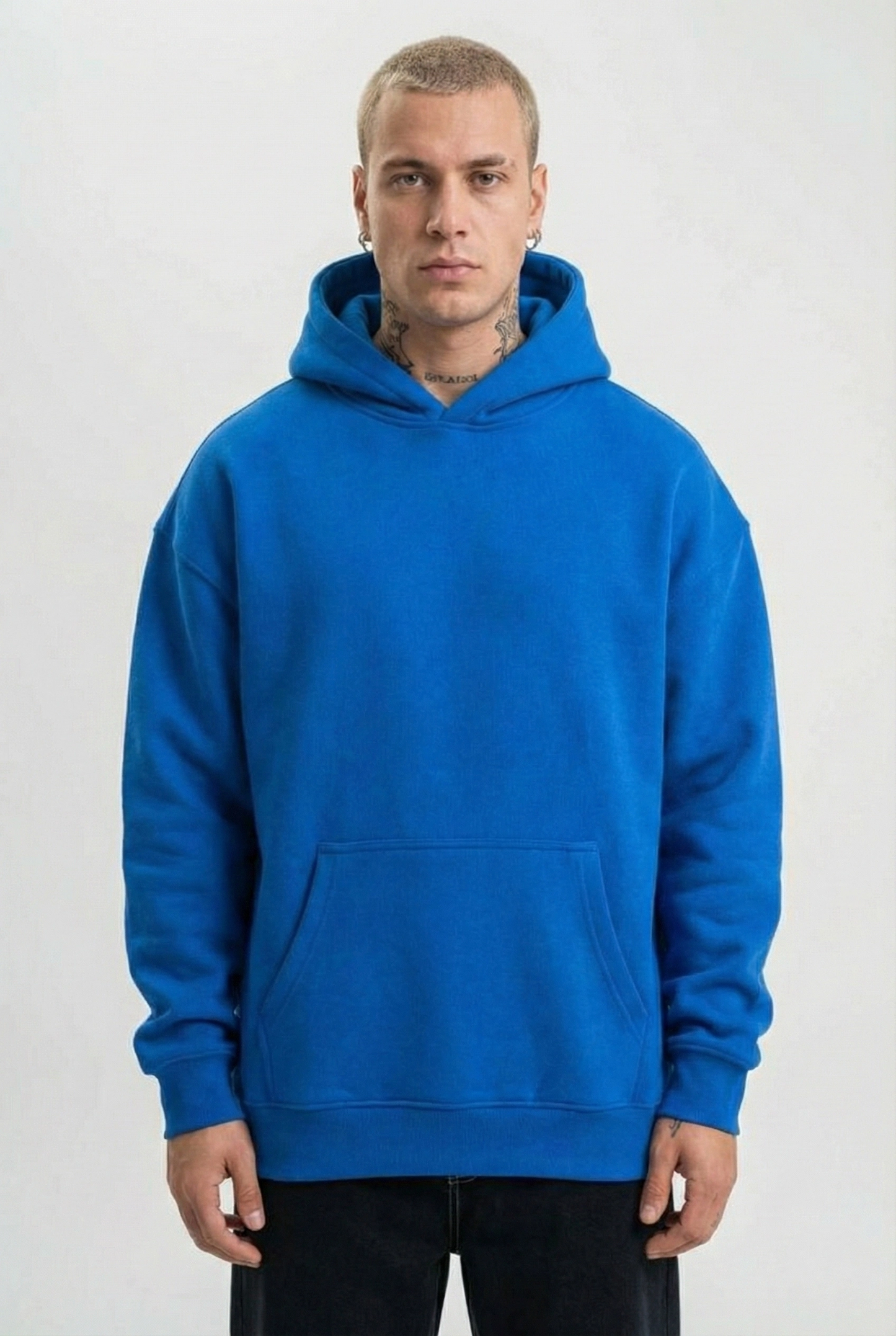 Kapüşonlu Oversize Hoodie - Üç İplik Pamuklu, Astronot Temalı Renkli Dünya Baskılı, Kanguru Cepli Premium Sweatshirt - Saks Mavi