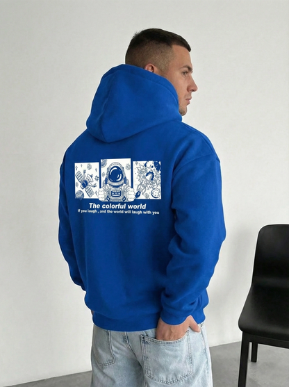 Kapüşonlu Oversize Hoodie - Üç İplik Pamuklu, Astronot Temalı Renkli Dünya Baskılı, Kanguru Cepli Premium Sweatshirt - Saks Mavi