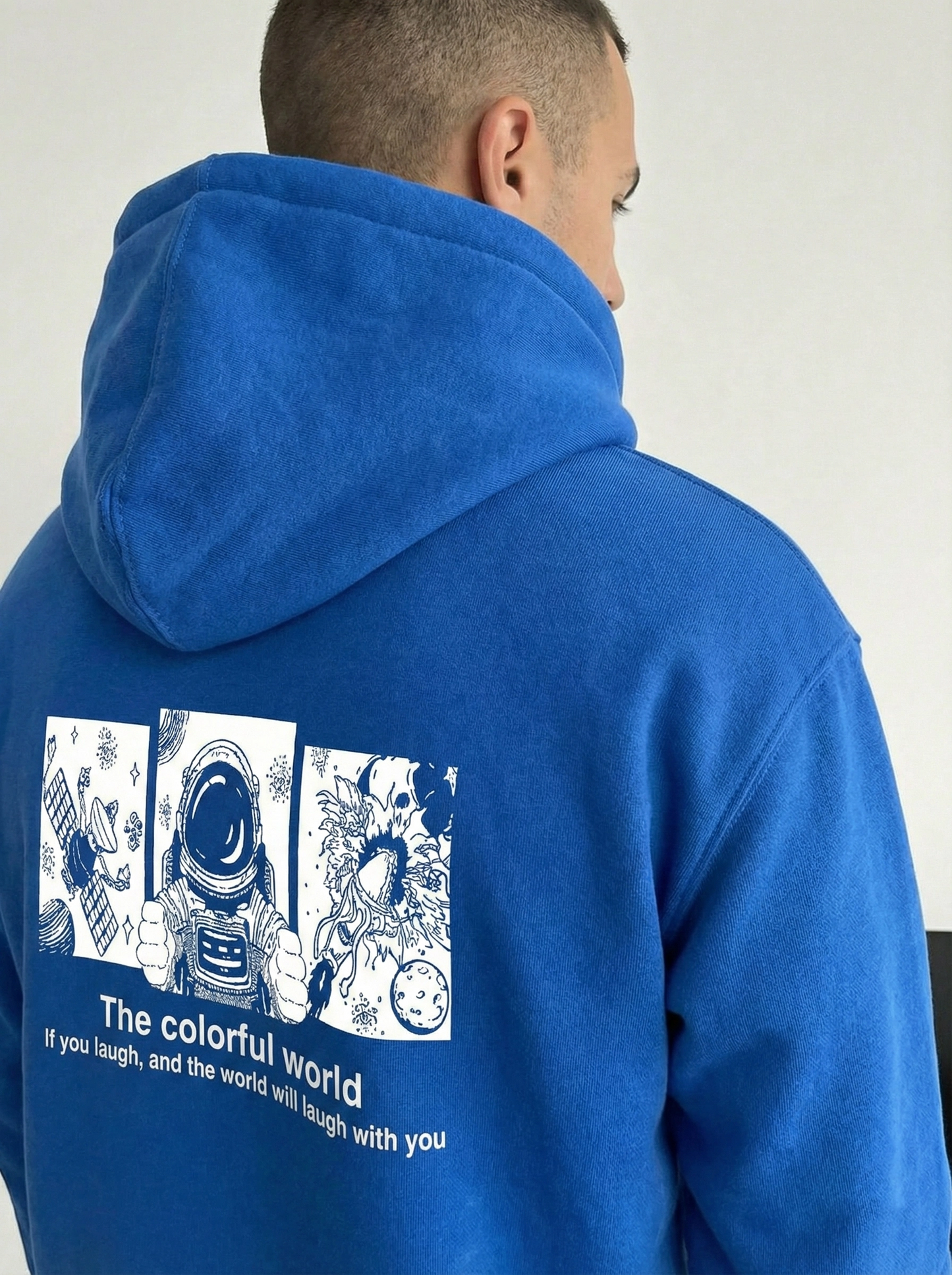Kapüşonlu Oversize Hoodie - Üç İplik Pamuklu, Astronot Temalı Renkli Dünya Baskılı, Kanguru Cepli Premium Sweatshirt - Saks Mavi