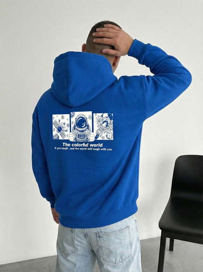 Kapüşonlu Oversize Hoodie - Üç İplik Pamuklu, Astronot Temalı Renkli Dünya Baskılı, Kanguru Cepli Premium Sweatshirt - Saks Mavi