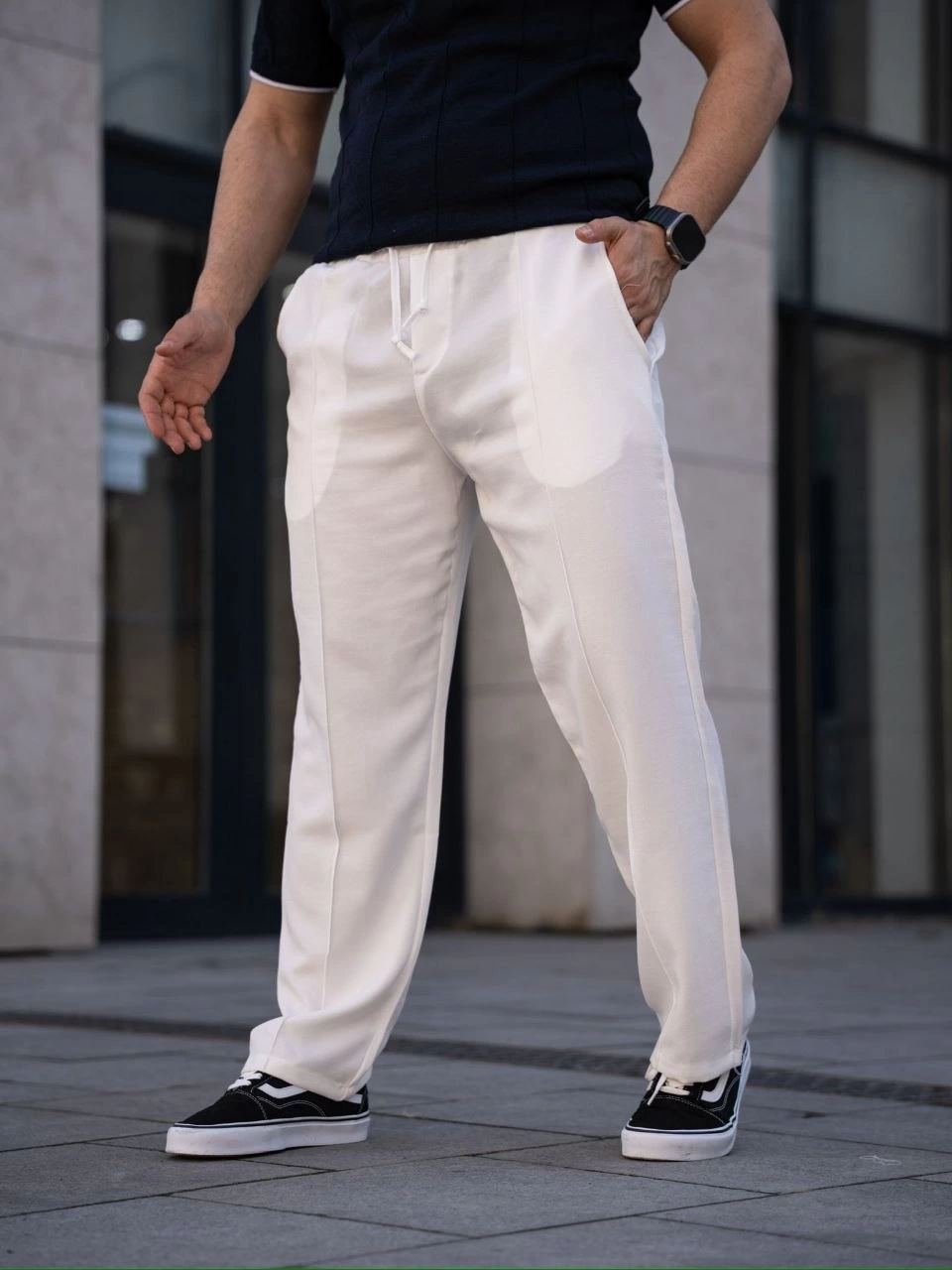Keten Cepli Çıma Dikişli jogger Buggy Pantalon Rahat kalıp - Beyaz