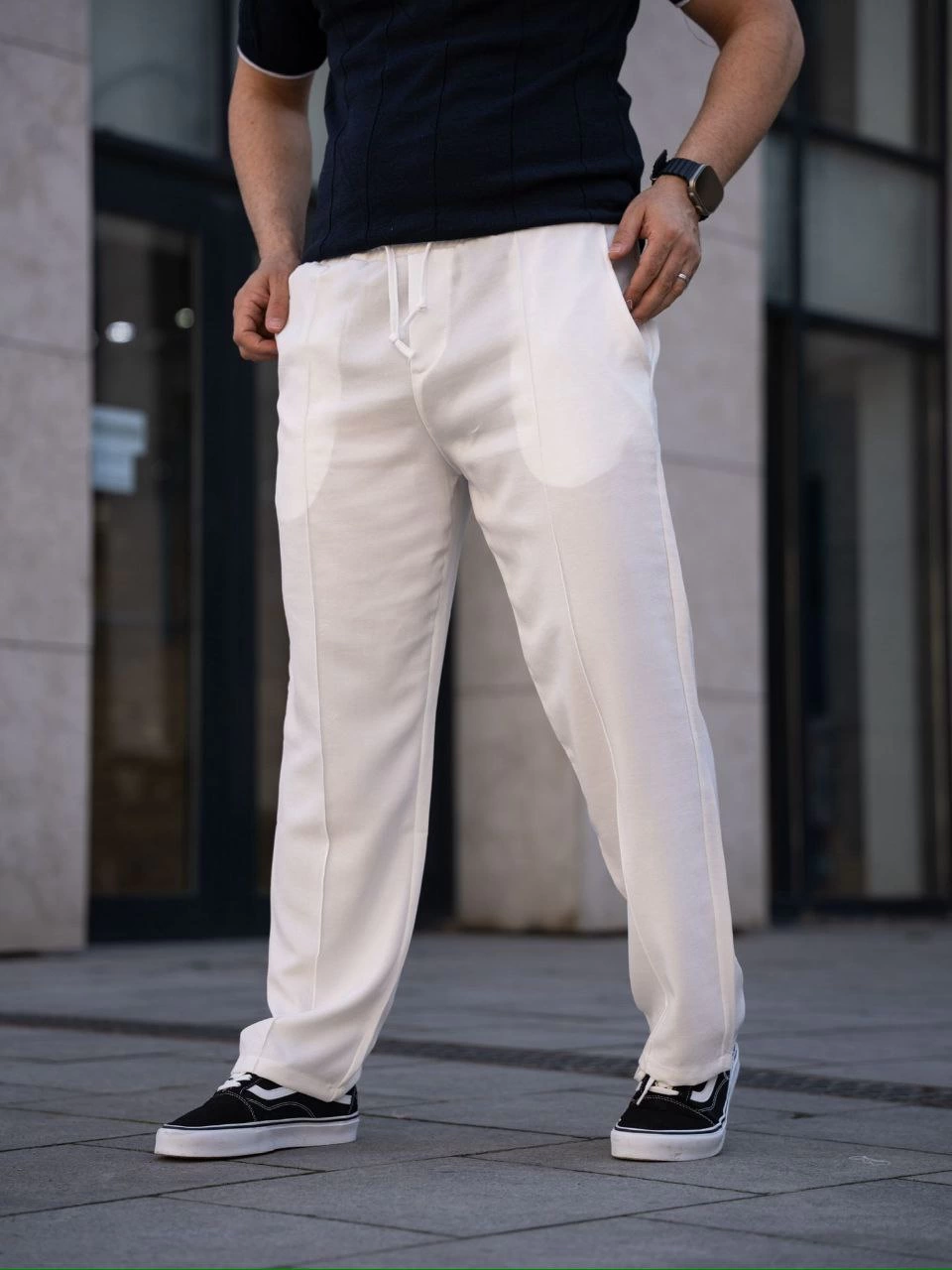 Keten Cepli Çıma Dikişli jogger Buggy Pantalon Rahat kalıp - Beyaz