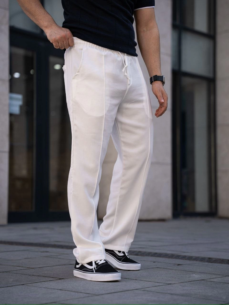 Keten Cepli Çıma Dikişli jogger Buggy Pantalon Rahat kalıp - Beyaz