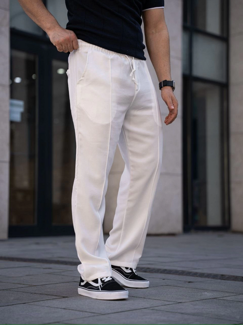 Keten Cepli Çıma Dikişli jogger Buggy Pantalon Rahat kalıp - Beyaz
