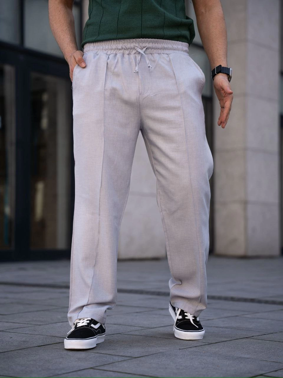 Keten Cepli Çıma Dikişli jogger Buggy Pantalon Rahat kalıp - Gri